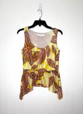 Trina Turk Silk Linen Blend Sleeveless Top Sz S Tropical Leaf Shark Bite Hem
